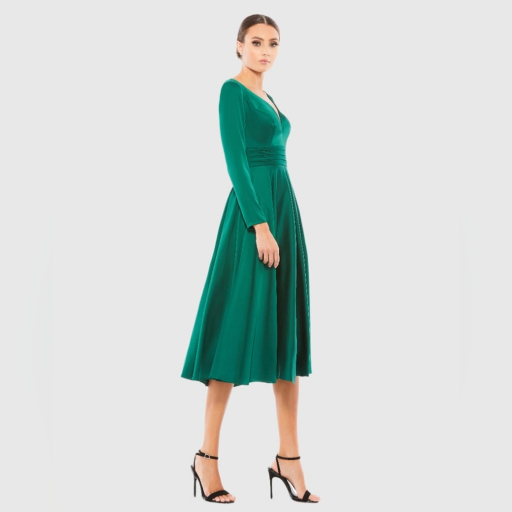 Ieena for Mac DuggalPlunge Neck Satin A-Line Dress - Picture 4 of 5